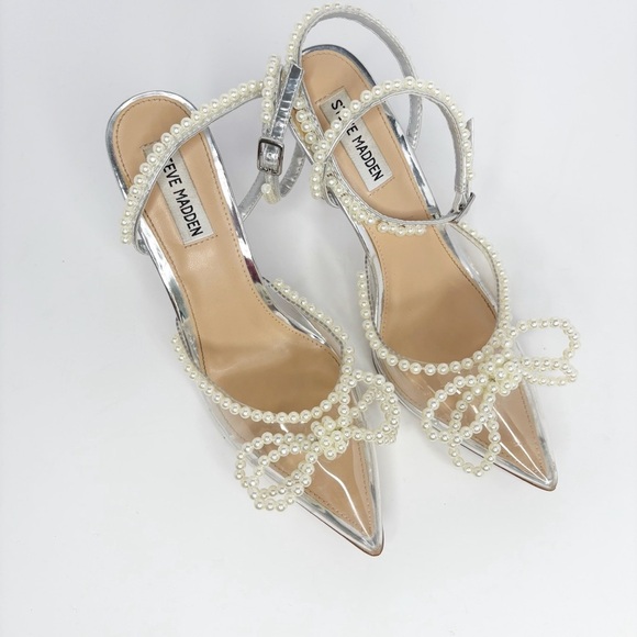 Steve Madden Viable Clear Pearl Bow Stiletto Heels Size 9 Bridal Prom Dressy - Picture 2 of 10